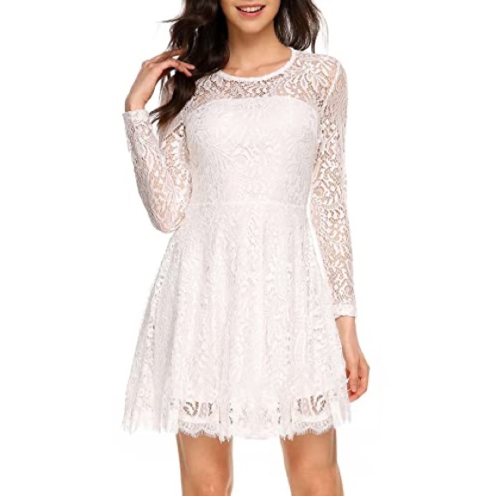 Lace long sleeve white dress for wedding